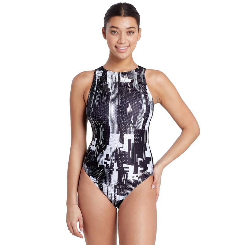 Zoggs Shimmer High Front Swimsuit - Black/White