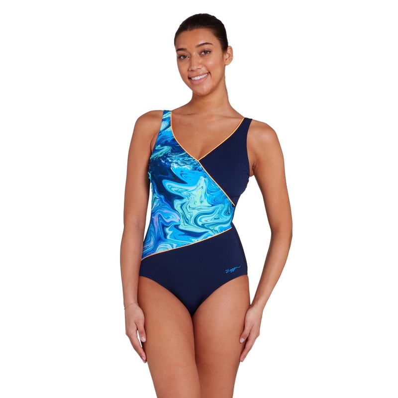 Zoggs Spatial Wrap Front Swimsuit - Navy/Blue
