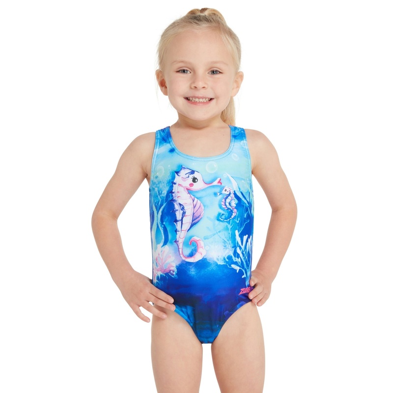 Zoggs Tots Girls Sea Horse Actionback Swimsuit - Blue/Pink