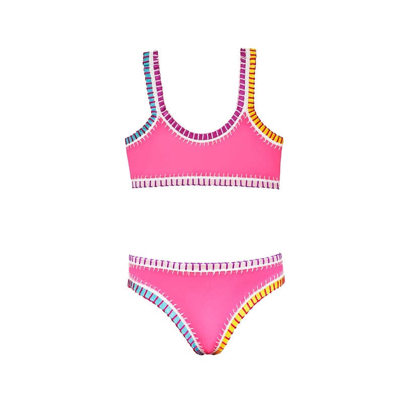 Kids Hot Pink Sporty Rainbow Embroidered Bikini