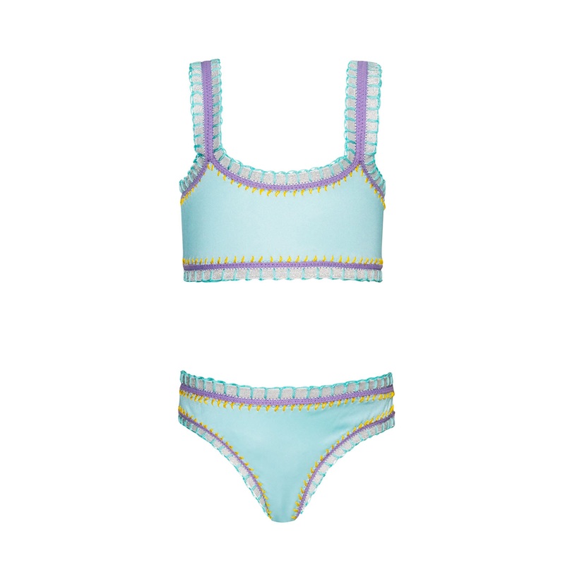 Kids Light Blue Sporty Rainbow Embroidered Bikini