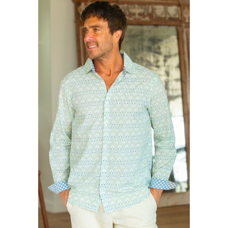 Men's Organic Cotton Shirt | Mini Sunflower Mint/White