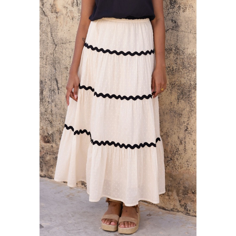Organic Cotton Dobby Ric Rac Skirt | Antique Cream/Black