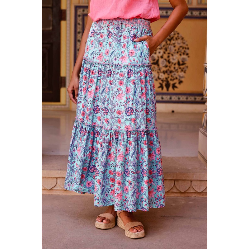 Becks Organic Cotton Block Print Skirt | Gardenia Blue/Red