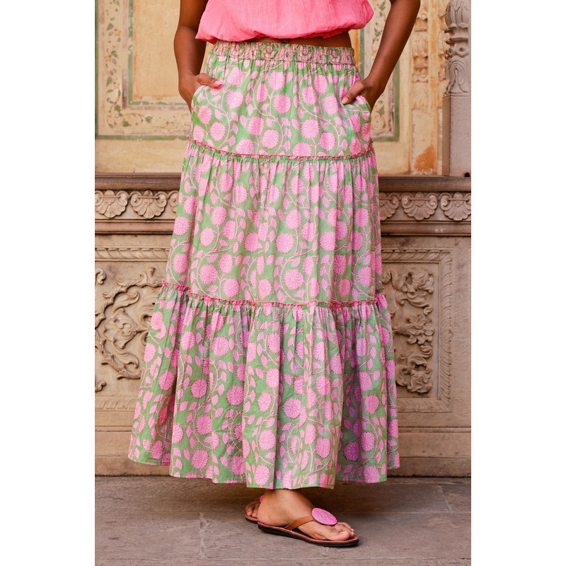 Becks Organic Cotton Block Print Skirt | Mara Green/Pink