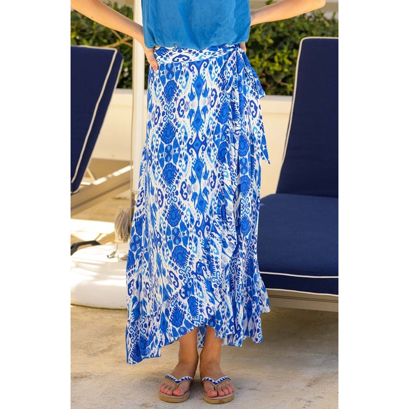 April EcoVero Wrap Skirt | Ikat Blue/White