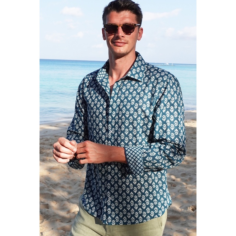 Men's Printed Cotton Shirt | Star Fern Teal/White