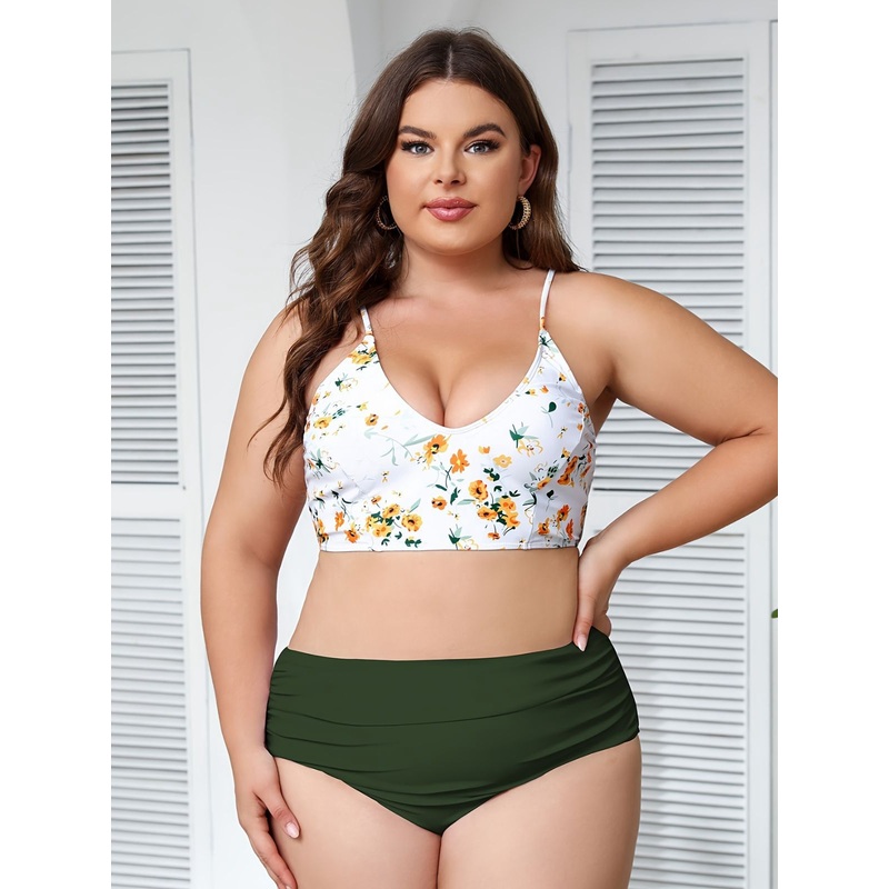 [Plus Size] Green 1950s Lace-Up Floral Bikini Set