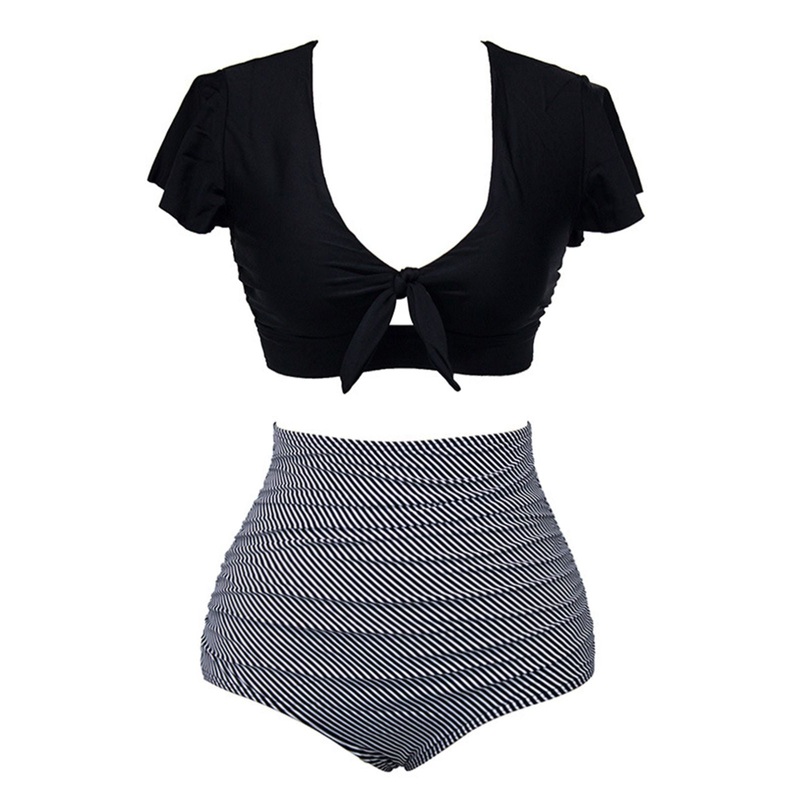 [Plus Size] 1950s Ruffle Sleeve Lace-Up Patchwork Swimsuit