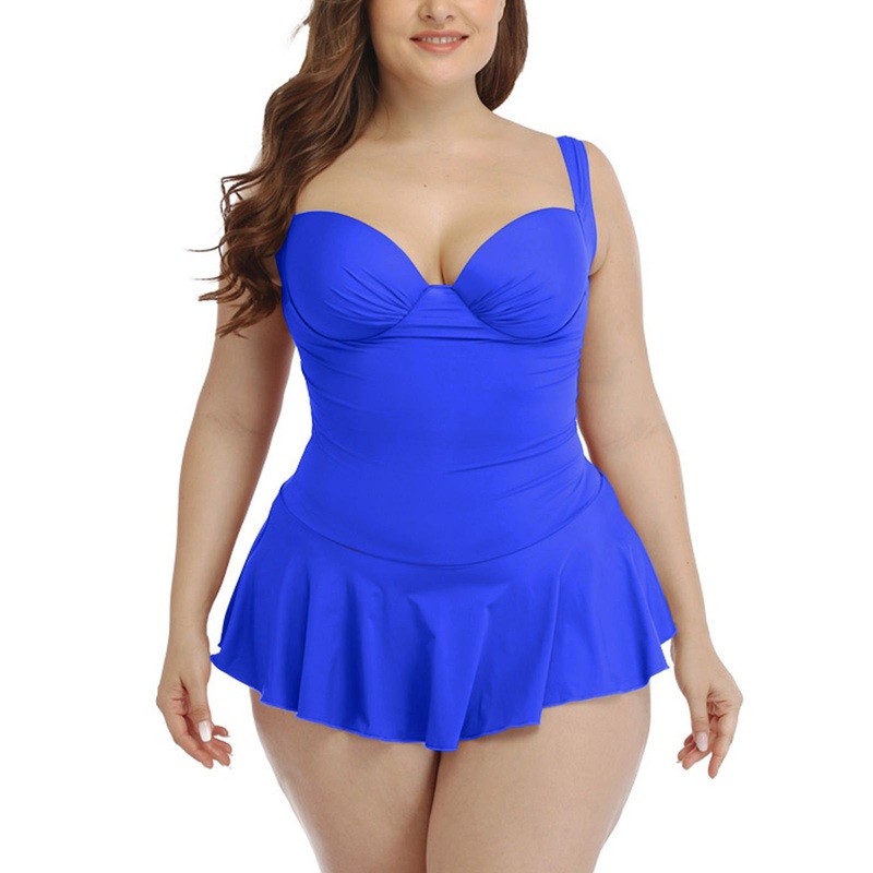 [Plus Size] 1950s Strap Solid Skirted Swimsuit