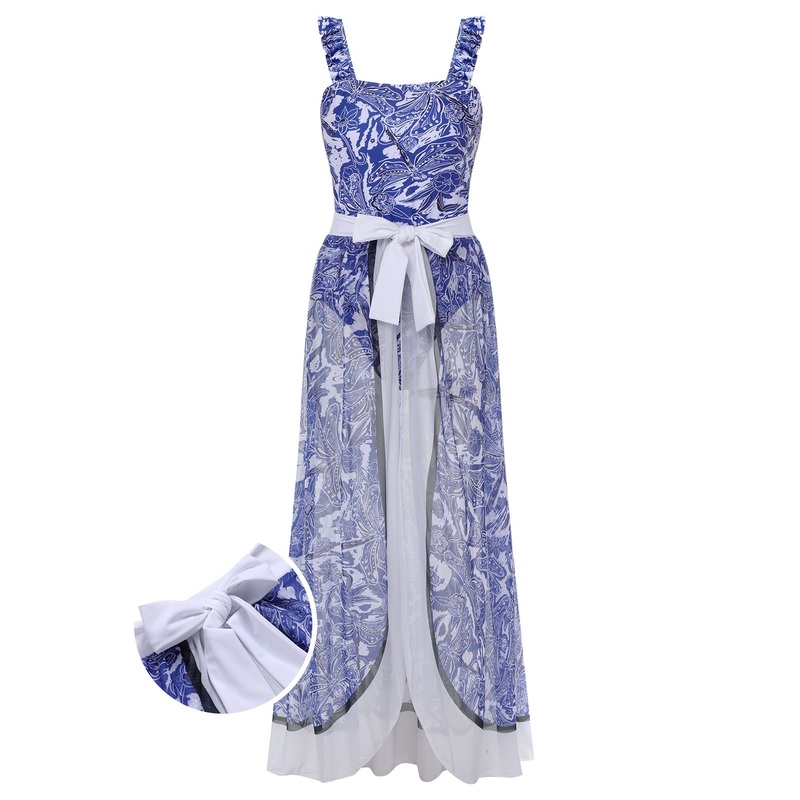 [Plus Size] 1960s Ruffles Strap Swimsuit & Sheer Cover-up