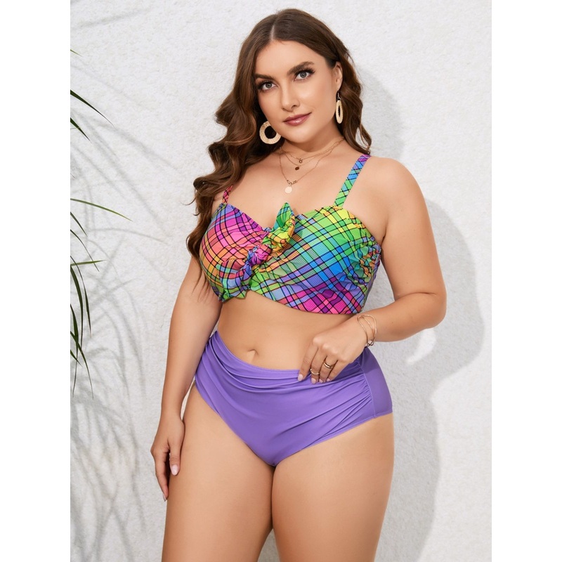 [Plus Size] 1960s Strap Colorful Plaids Bow Swimsuit