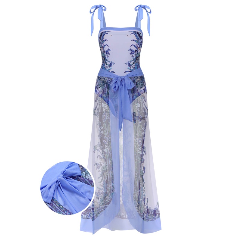 [Plus Size] 2PCS Multicolor 1960s Shoulder Straps Plant Swimsuit & Cover Up