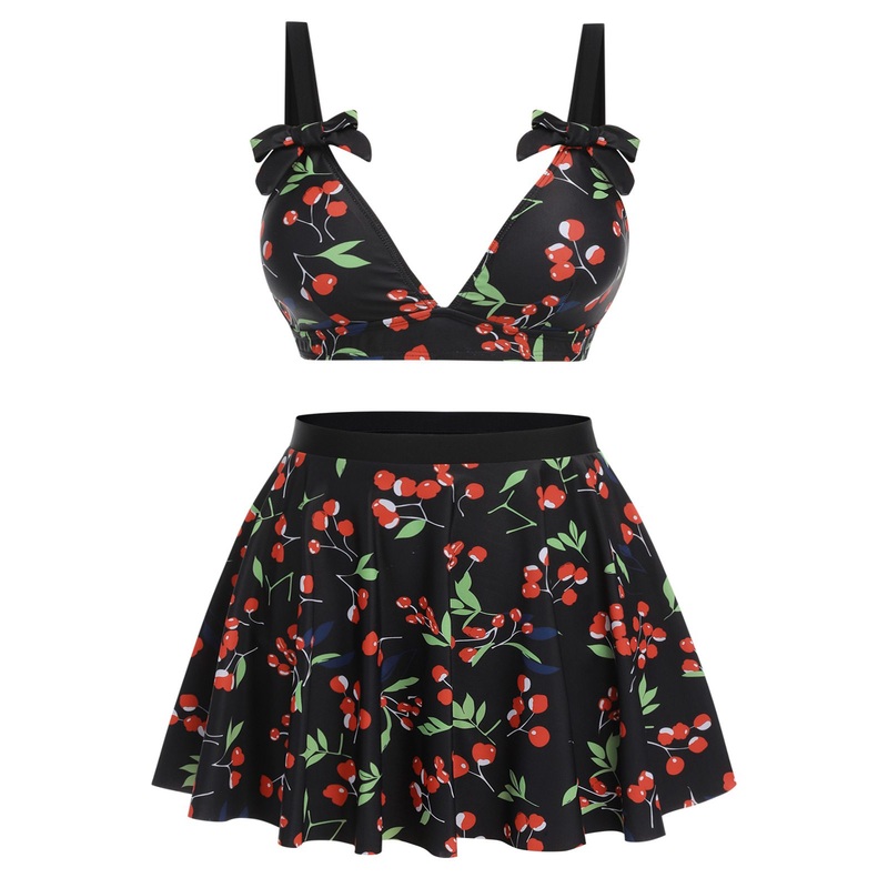 [Plus Size] Black 1950s Cherry Bow V-Neck Swimsuit