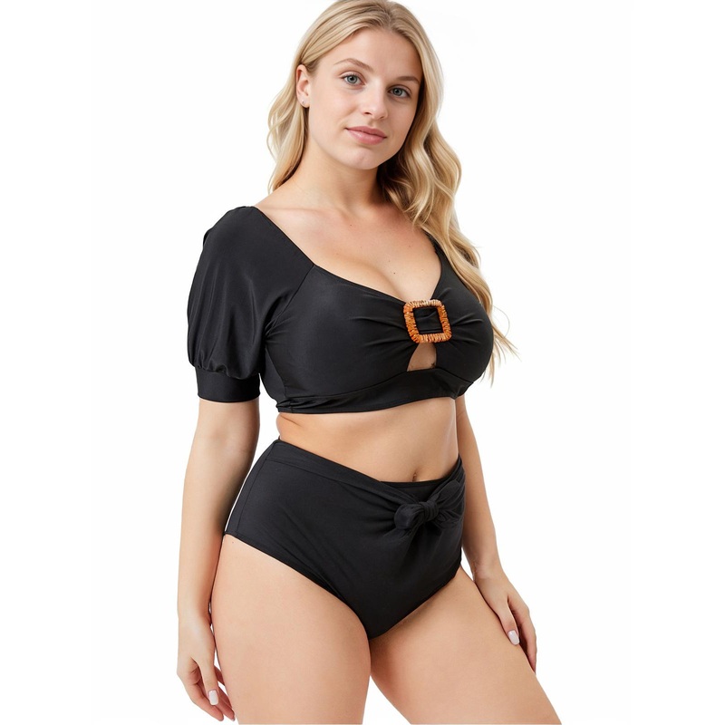[Plus Size] Black 1960s Solid Hollow Puff Swimsuit