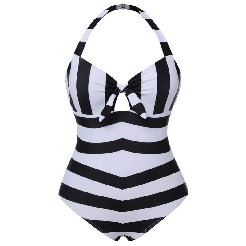 [Plus Size] Black & White 1950s Barbie Striped Halter One-Piece Swimsuit