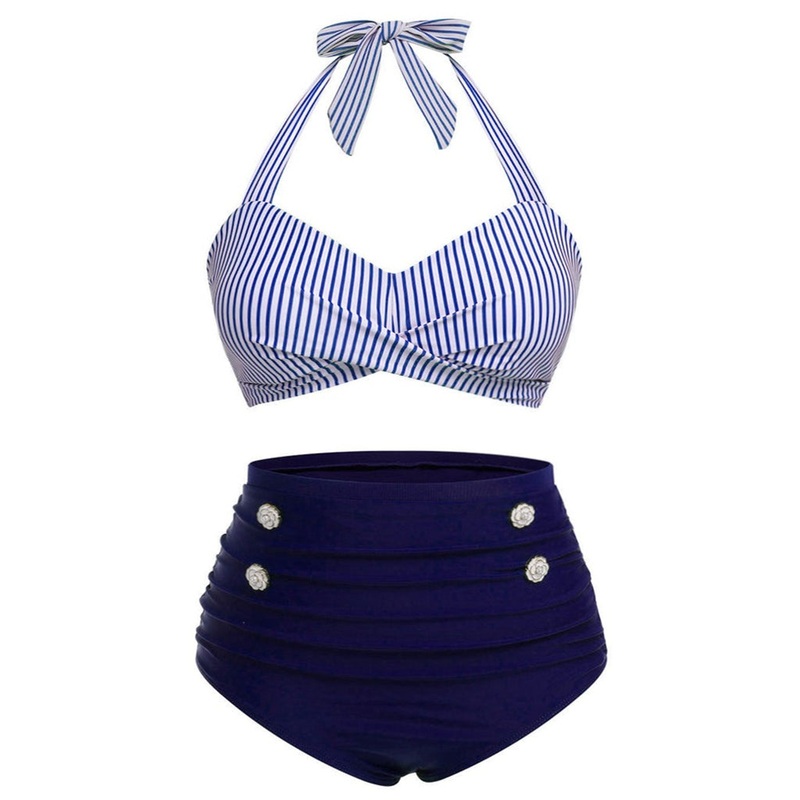 [Plus Size] Blue 1940s Striped Halter Bowknot Bikini Set