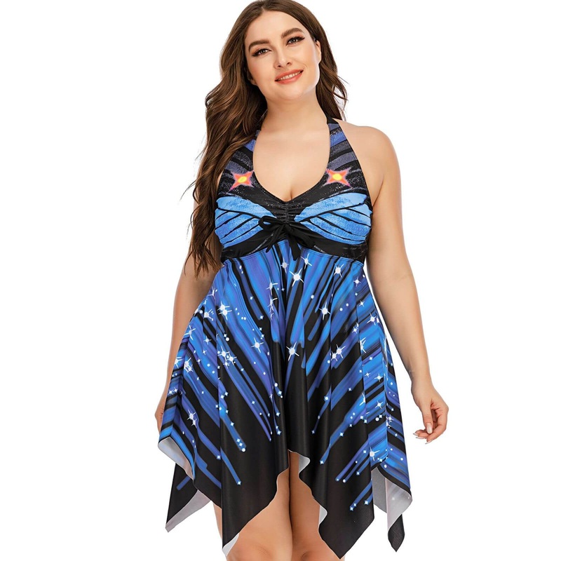[Plus Size] Blue 1960s Halter One-Piece Skirt Swimsuit