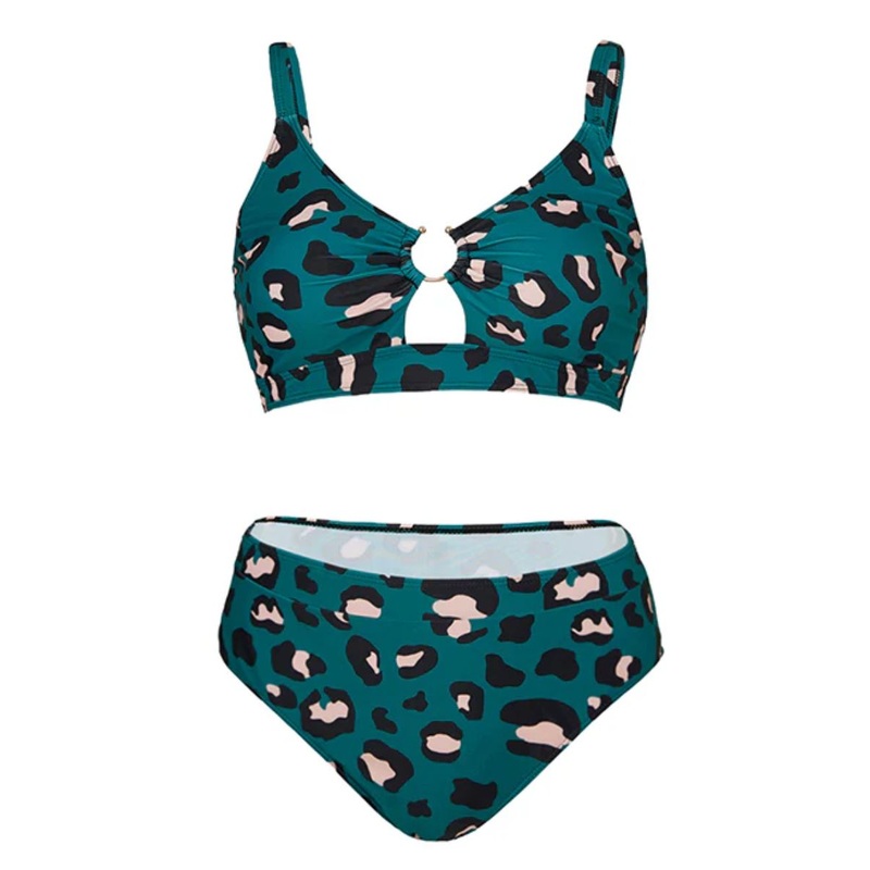 [Plus Size] Blue Green 1960s Leopard Suspender Swimsuit