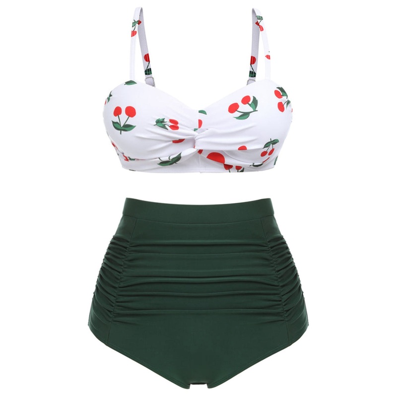 [Plus Size] Green 1950s Sweetheart Neckline Cherry Spaghetti Strap Bikini Set
