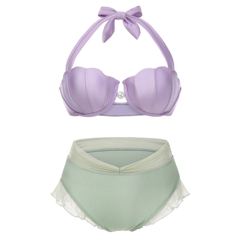 [Plus Size] Lavender 1970s Mermaid Shell Halter Bikini Set