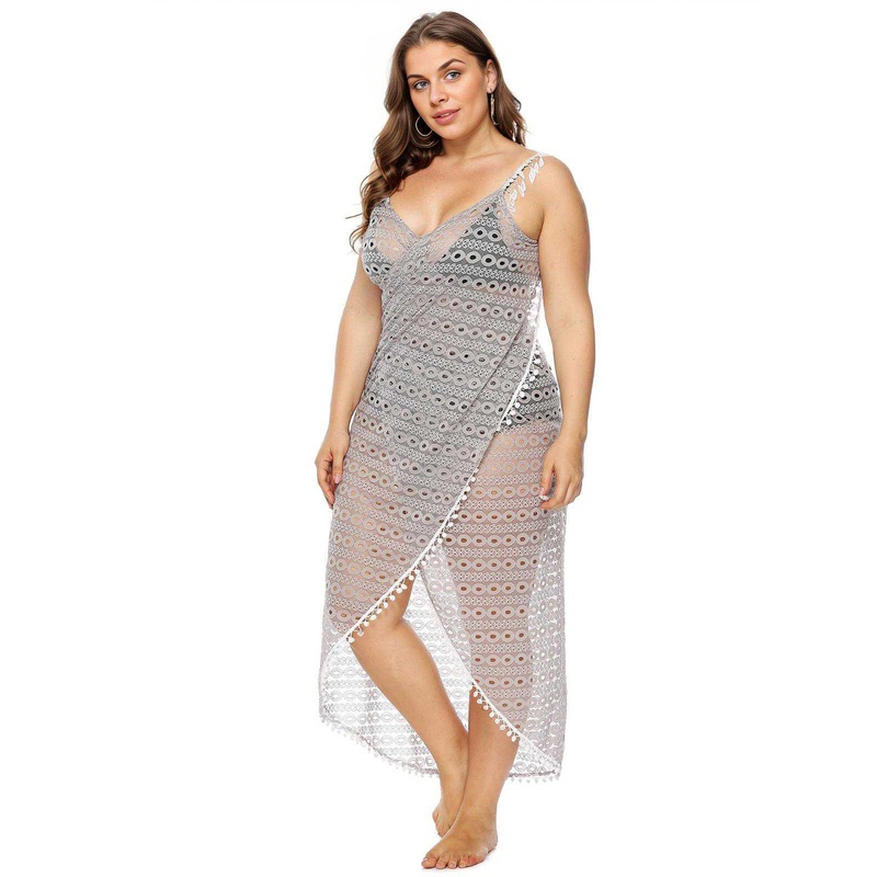 [Plus Size] Light Gray 1960s Hollow Fringe Cover-Up
