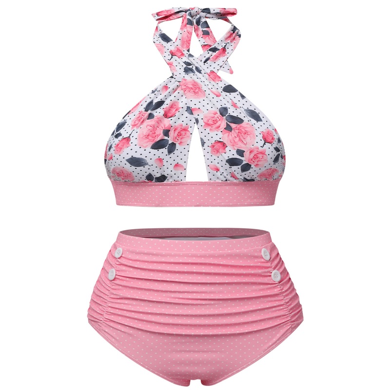 [Plus Size] Pink 1940s Floral Cross Halter Swimsuit