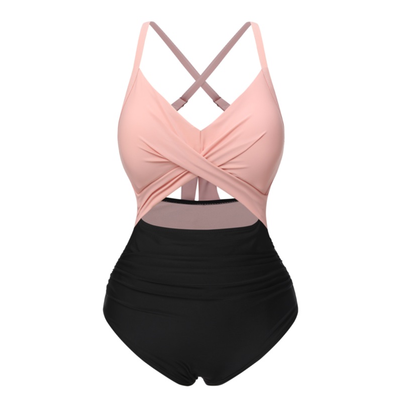 [Plus Size] Pink & Black 1940s Hollow Waist Patchwork Swimsuit