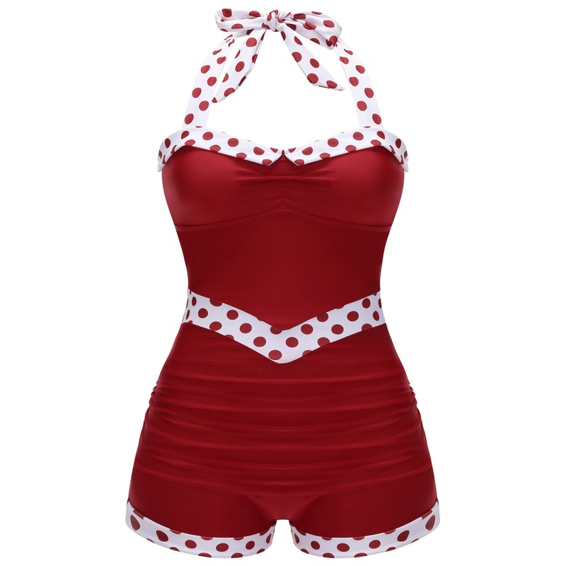 [Plus Size] Red 1940s Dots Patchwork Halter Swimsuit