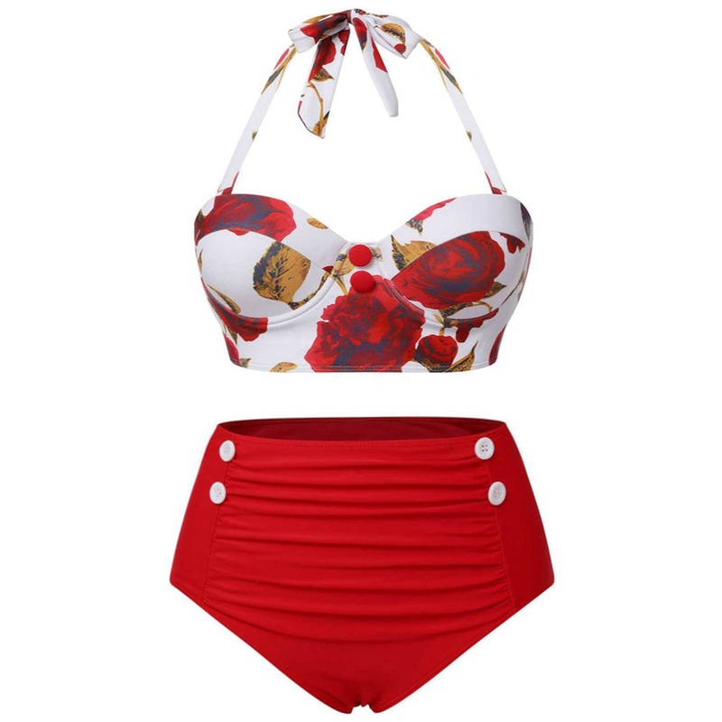 [Plus Size] Red 1960s Halter Roses Swimsuit