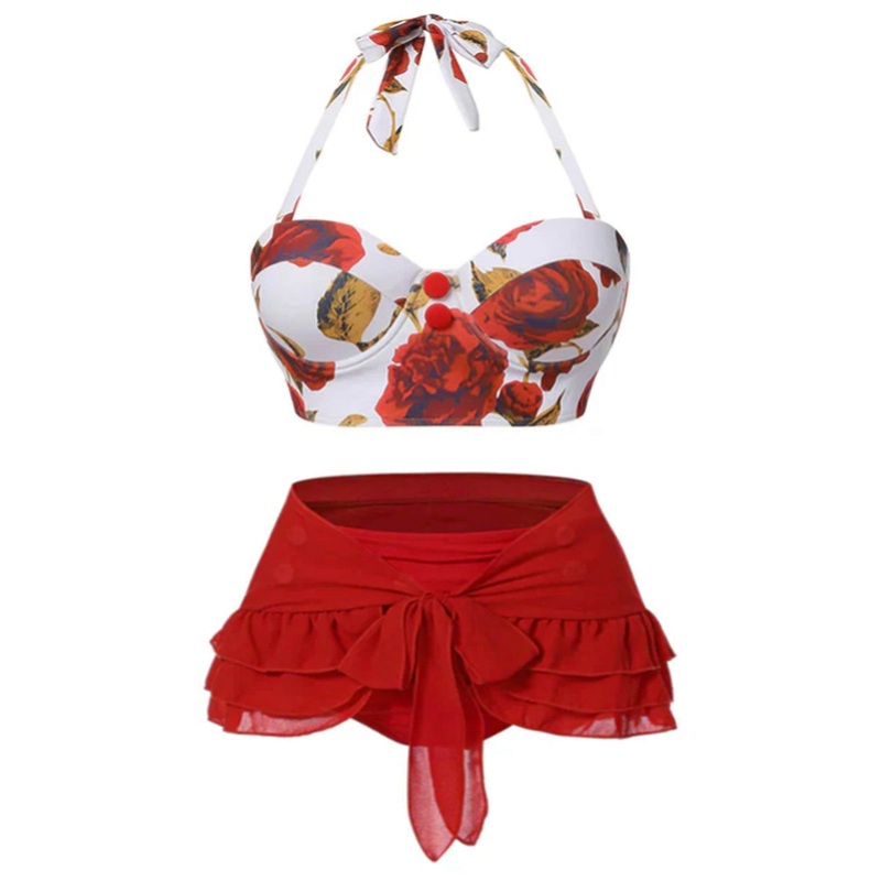 [Plus Size] Red 1960s Roses Halter Bikini & Skirt Cover-Up