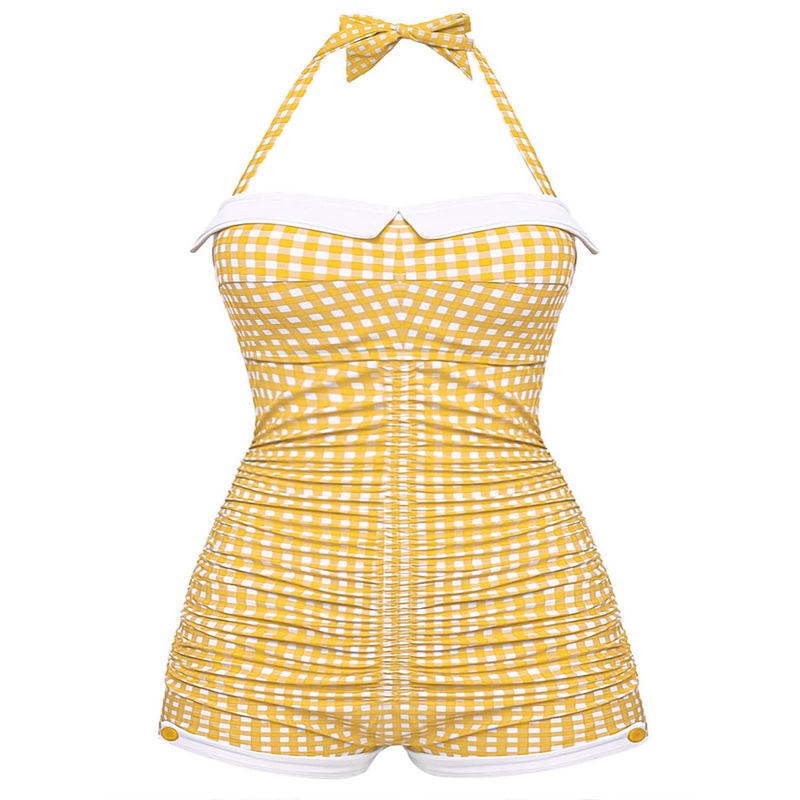 [Plus Size] Yellow 1950s Check Halter Bowknot One-piece Swimsuit