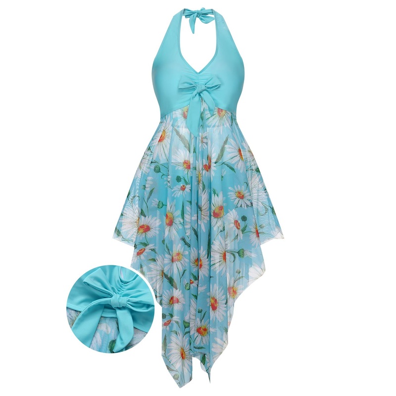 [Plus Size] 1930S Daisy Bow Halter Skirt Swimsuit