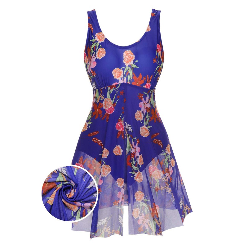 [Plus Size] 1940s Strap Print One-Piece Skirt Swimsuit