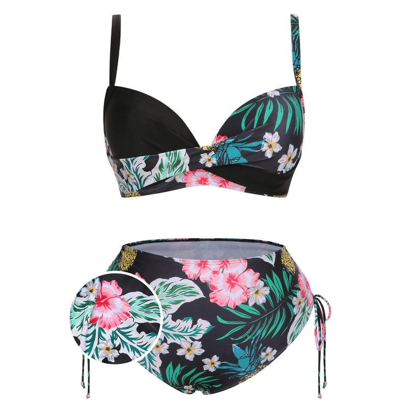 [Plus Size] 1940S Tropical Plant Patchwork Lace-Up Swimsuit
