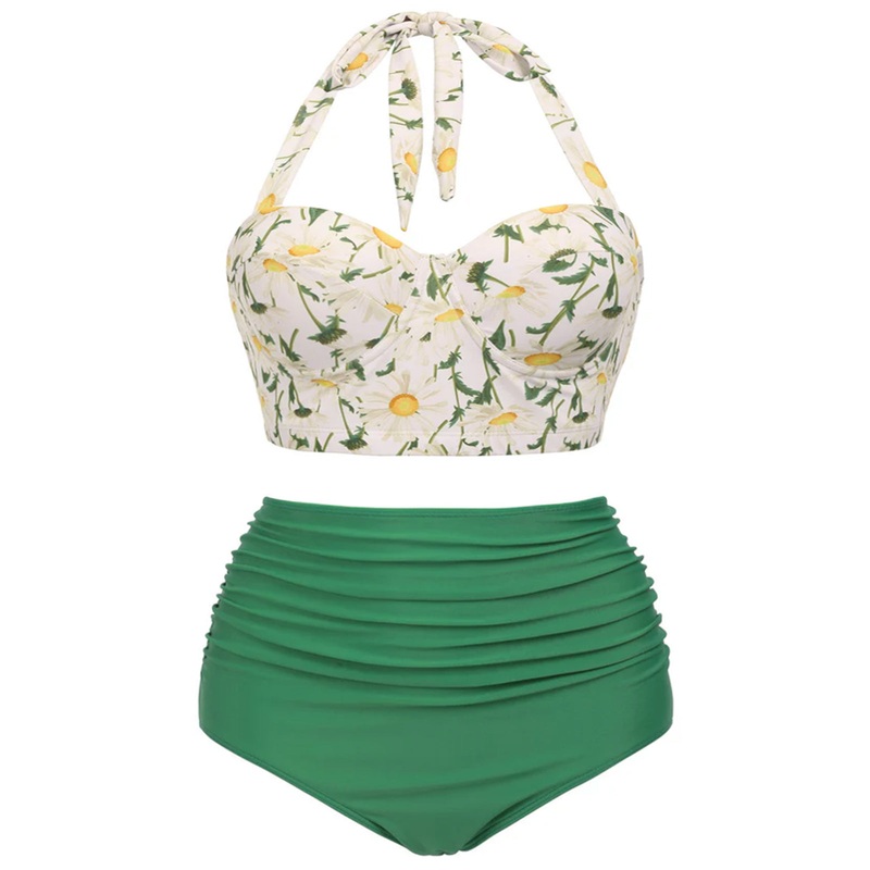 [Plus Size] 1950s Floral Halter Lace-up Bikini Set