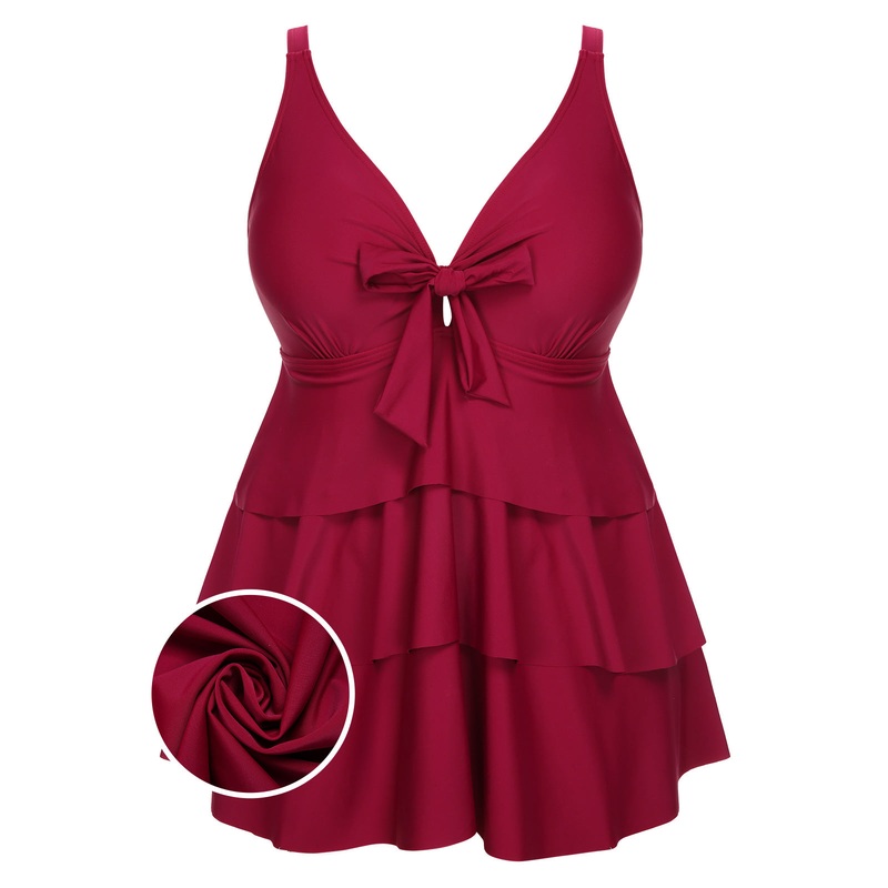 [Plus Size] 1950s Solid Front Tie Ruffle Swimsuit
