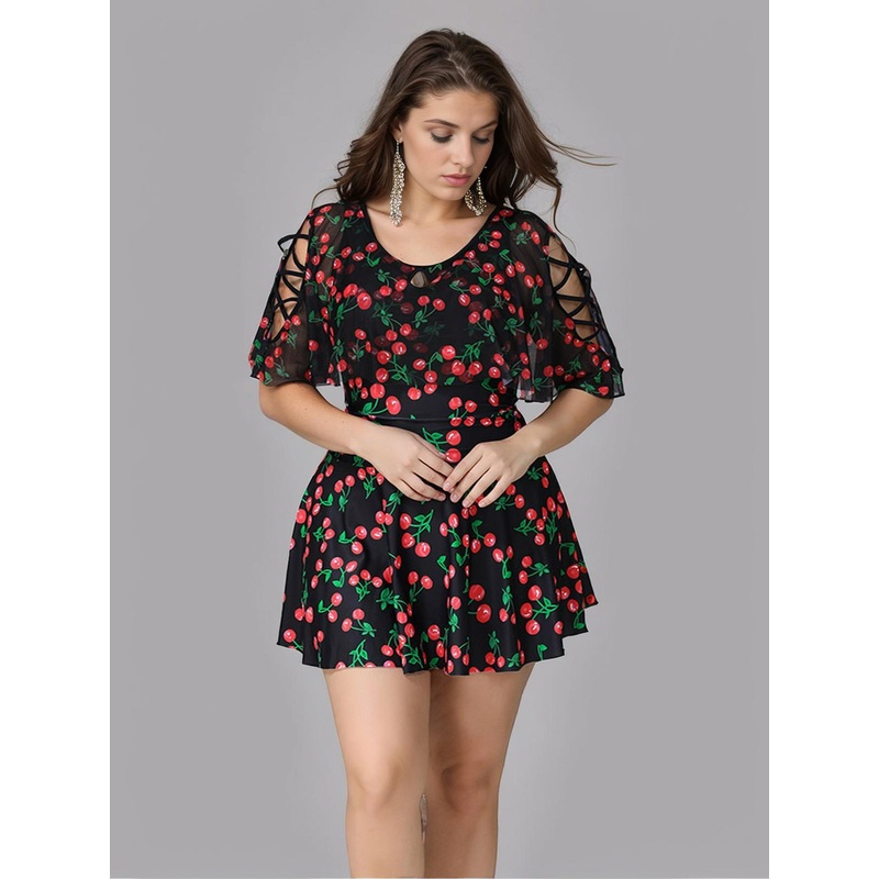 [Plus Size] Black 1930s Cherry Skirt Swimsuit