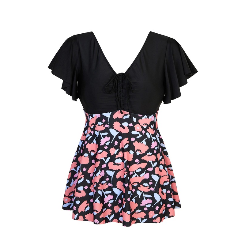 [Plus Size] Black 1930s Contrast Patchwork Swimsuit