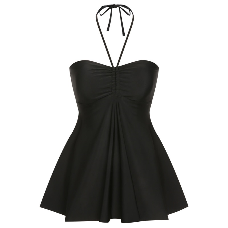 [Plus Size] Black 1940s Solid Bandeau Halter Skirt Swimsuit