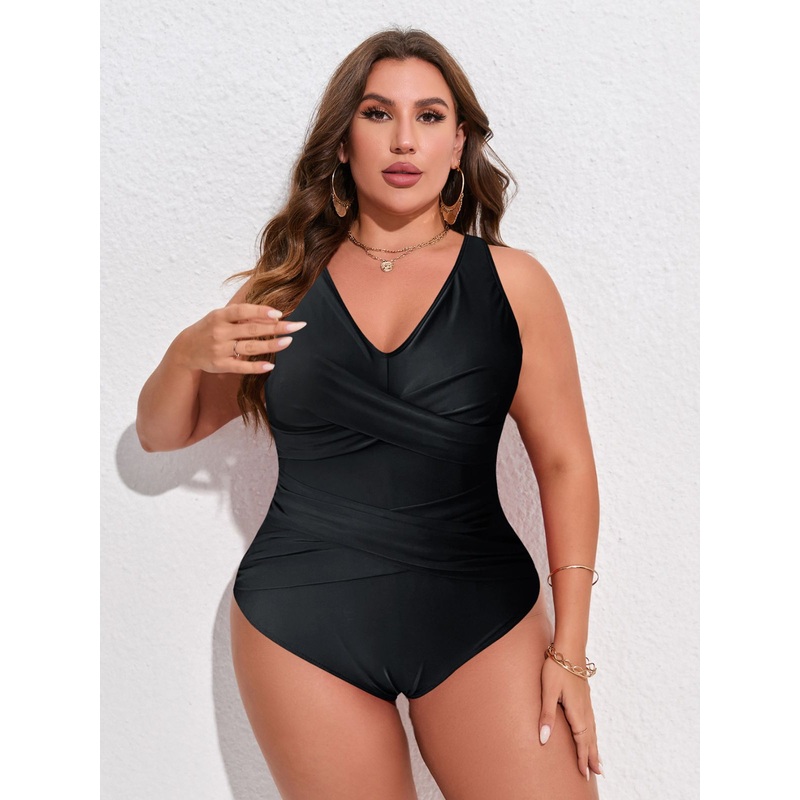 [Plus Size] Black 1940s Solid V-Neck One-Piece Swimsuit