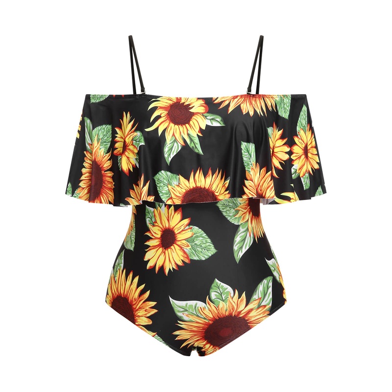 [Plus Size] Black 1940s Sunflower Cold-Shoulder Swimsuit