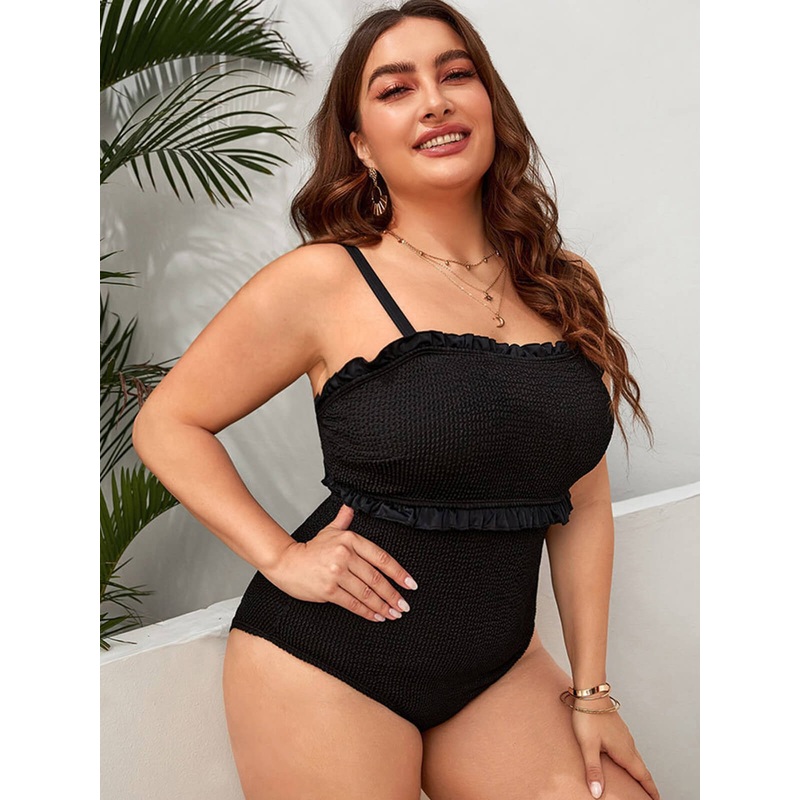 [Plus Size] Black 1950s Solid Knitted Strap Swimsuit