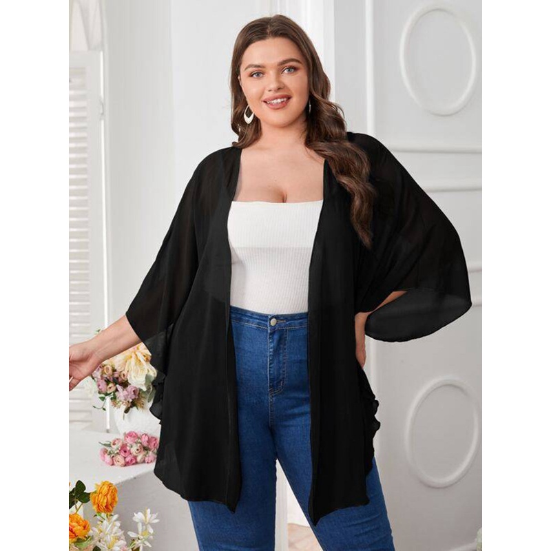 [Plus Size] Black 1960s Solid Dolman Sleeve Loose Cover Up