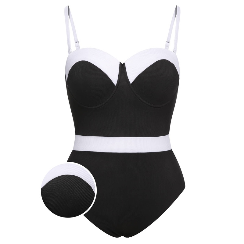 [Plus Size] Black & White 1950s Patchwork Strap Swimsuit