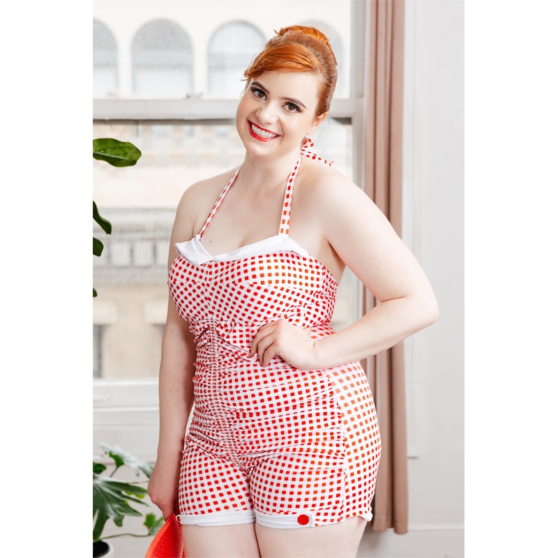 [Plus Size] Gingham 1950s Halter Bowknot One-piece Swimsuit
