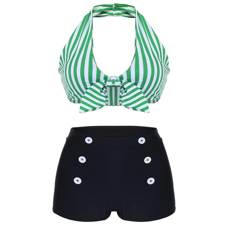 [Plus Size] Green 1950s Retro Halter Stripes Bikini Set