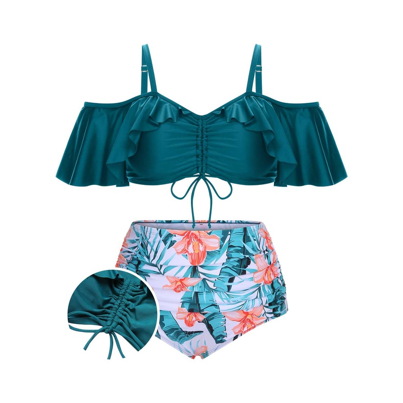 [Plus Size] Green 1950s Strap Floral Ruffles Swimsuit