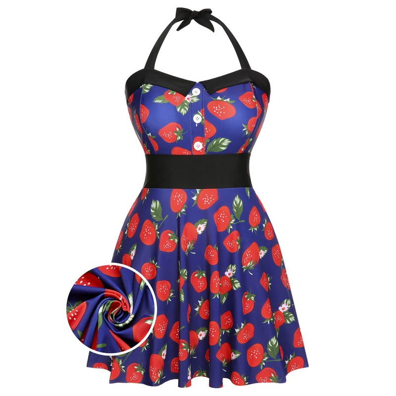 [Plus Size] Multicolor 1930s Colorblocked Strawberry Halter Swimsuit