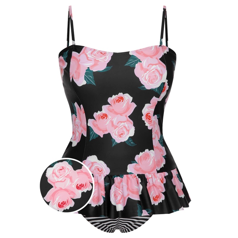 [Plus Size] Multicolor 1930s Ruffled Hem Printed Swimsuit